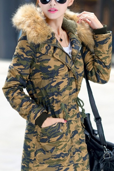 Women's Fur Hooded Winter Warm Zip Placket Warm Coat