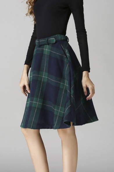 Women's High Waisted Wool Check Print Plaid A-line Skirt