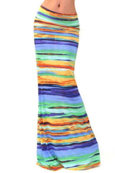 Women Fashion Multicolored Striped High Waisted Maxi Skirts Long Skirt