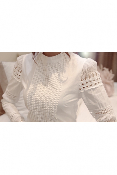Women Hollow Out Back Zipper Lace Long Sleeve Elagent Blouse