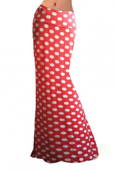 Women's Red Contrast White Polka Dot Printed Package Hip Cute Maxi Skirt