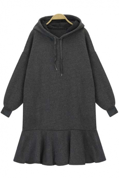 Flare Sleeve Fish Tail Hem Women's Hooded Midi Sweatshirt Dress