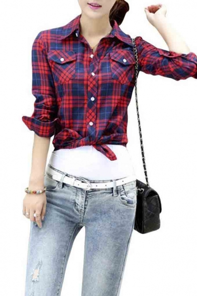 Lasher Female Cotton Casual Plaid Button-Up Shirts