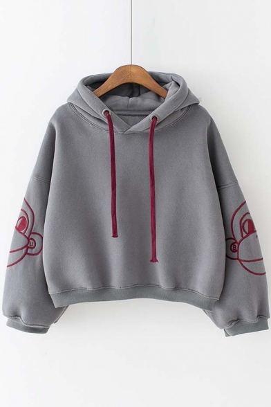 New Arrival Hooded Contrast Embroidery Monkey in Long Sleeve Cropped Hoodie