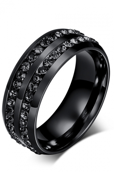 Unisex Crystal Double Insert Black Titanium Steel Ring