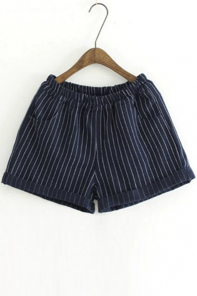 Vertical Striped Elastic Waist Turn-up Hem Shorts with Pockets