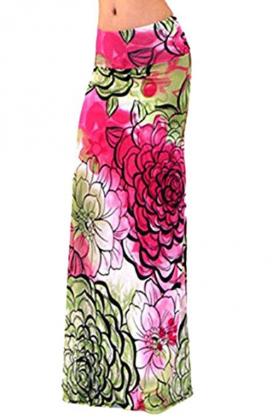 Women Fashion Multicolored Print High Waisted Beach Maxi Skirts Long Skirt