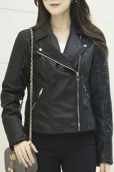 Women Fashion Notched Lapel Zipper Placket Faux Leather Jacket