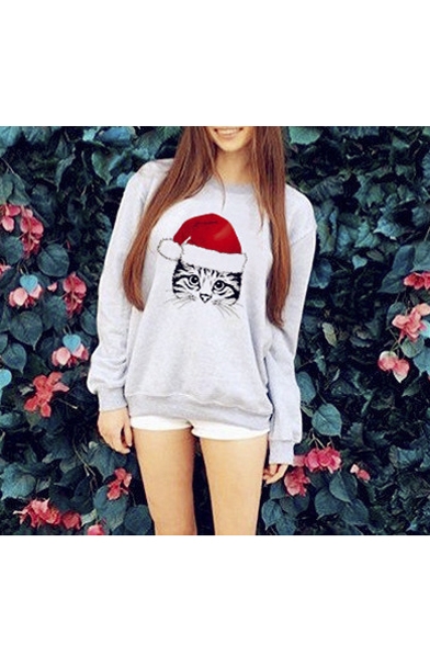 Women's Cute Cat Print Long Sleeve Round Neck Basic Casual Sweatshirt
