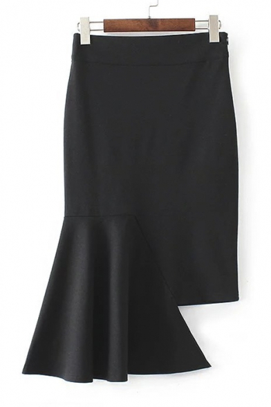 Women's Fashion Asymmetrical Hem Plain Midi Pencil Skirt