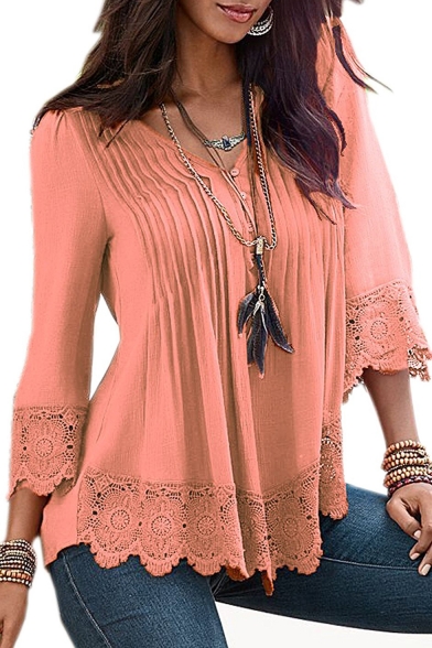 Women's Flare Sleeve Lace Splice Loose Trim Casual Blouse T-shirt Tops