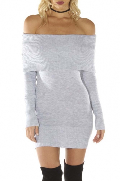 Women's Long Sleeve Off Shoulder Knitted Sweater Dress