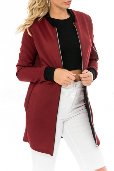 Womens Contrast Cuff Long Solid Color Classic Jacket - Beautifulhalo.com