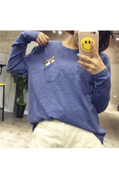 Cartoon Cat Embroidery Long Sleeve Round Neck Loose Women's Cotton Tee