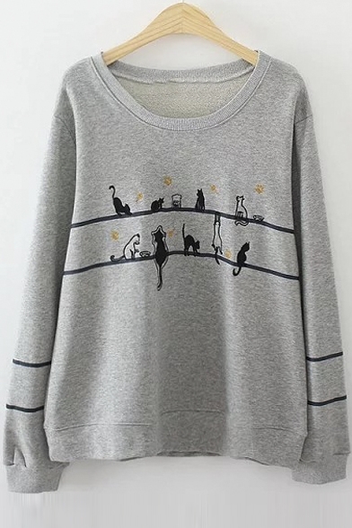 Women's Cute Cat Print Round Neck Long Sleeve Casual Basic Sweatshirt ...