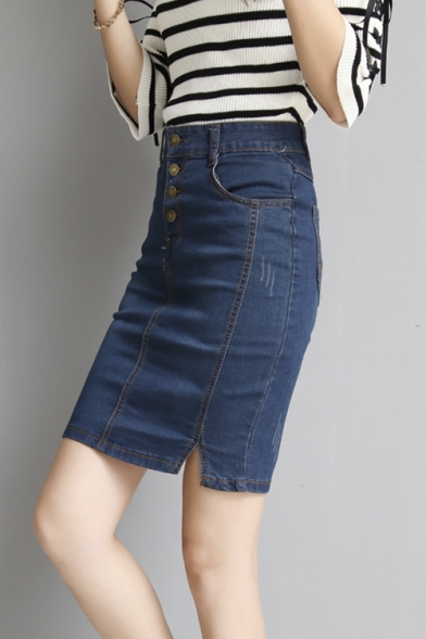 Women's Fashion Buttons Front Denim Skirt Pencil Mini Skirt