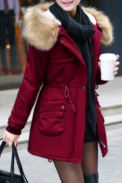 Women's Fur Hooded Winter Warm Zip Placket Warm Coat