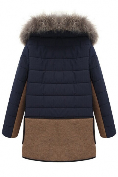 Women's Oversize Color Block Fur Hooded Zip Placket Winter's Cotton Coat