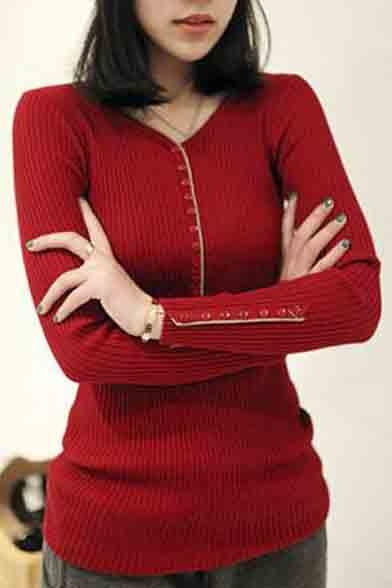 Women's V-Neck Plain Long Sleeve Sweater