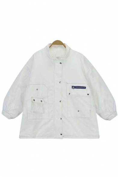 Boyfriend Style Zipper Placket Studded Plain Tunic Coat with Two Pockets