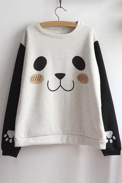 Cute Bear Print Long Sleeve Round Neck Color Block Women's Sweatshirt
