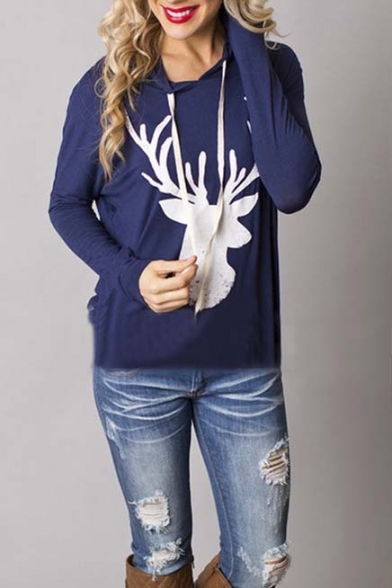 Fashion Hooded Deer Printed Long Sleeve Hoodie Sweatshirt