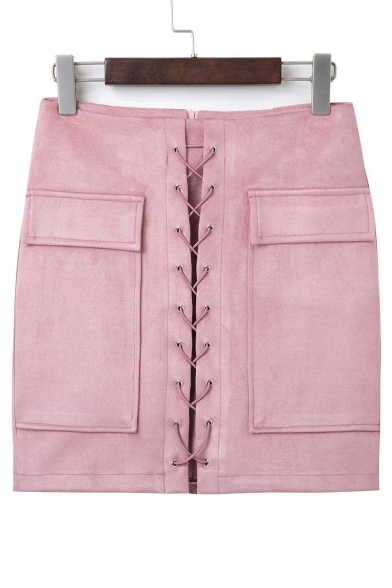 Fashion Lace-Up Front Women's Plain Mini Pencil Skirt