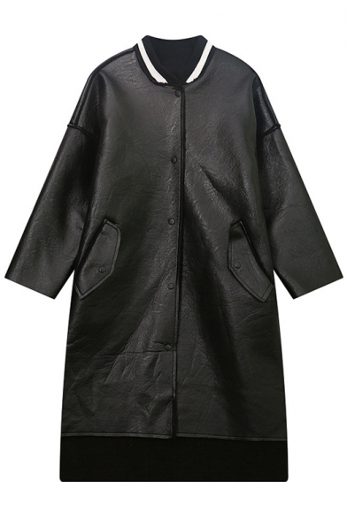 Oversized Contrast Stand-Up Collar Single Breasted Tunic Leather Coat