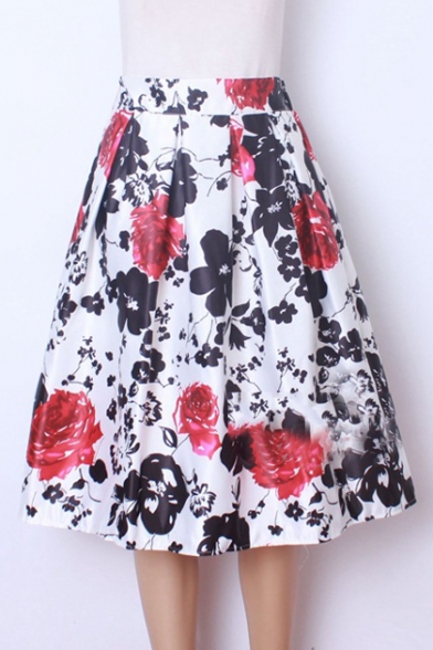 Women Pleated Vintage Skirts Floral Print A-Line Midi Skirt