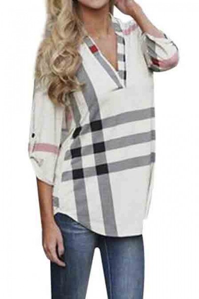 Women's Blouse Casual Plaid V Neck 3/4 Sleeve T-shirts Pullover Tops