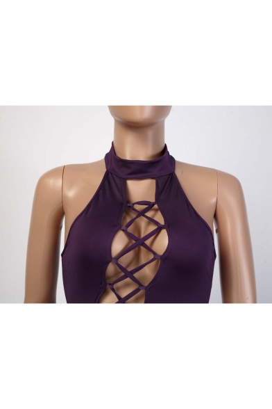 Womens Sexy Halter Hollow Out Lace Up Bodycon Bandage Club Dress