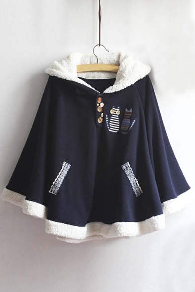 Popular Hooded Cat Embroidery Patchwork Contrast Hem Woolen Cape with Button