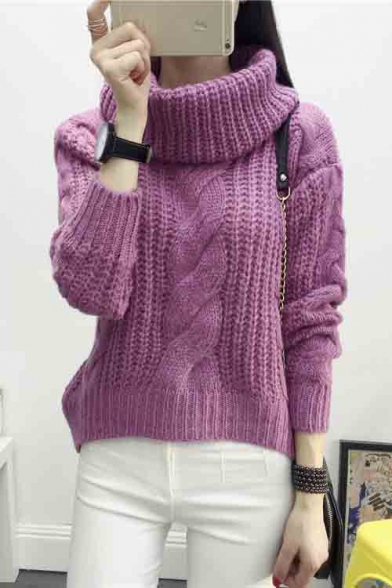 Women's Turtle Neck Solid Color Cable Knit Sweater