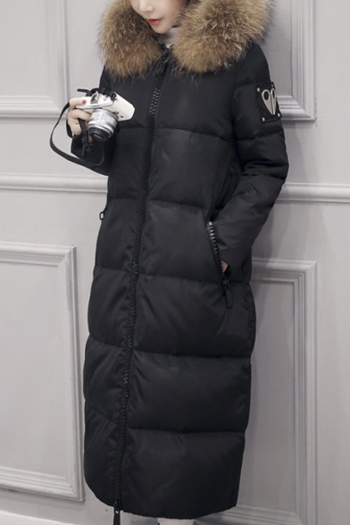 Women's Winter Fur Hooded Zip Placket Warm Fashion Longline Padded Coat