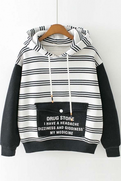 Fall Winter New Hooded Striped Contrast Long Sleeve Hoodie with Color Block Pocket