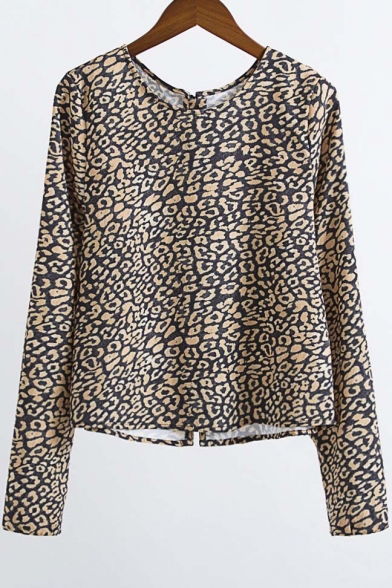 Leopard Print Zip Back Long Sleeve Women's Pullover Blouse