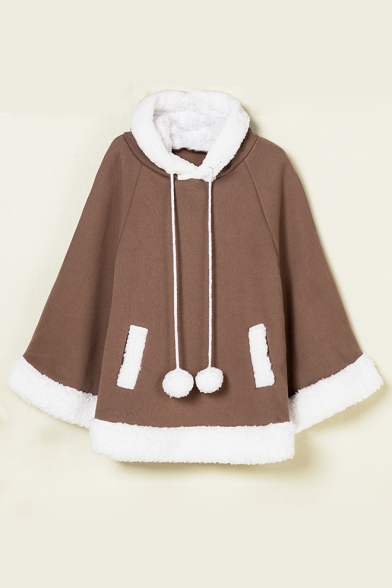 Lovely Contrast Trim Hooded Raglan Batwing Long Sleeve Cape with Two Pockets