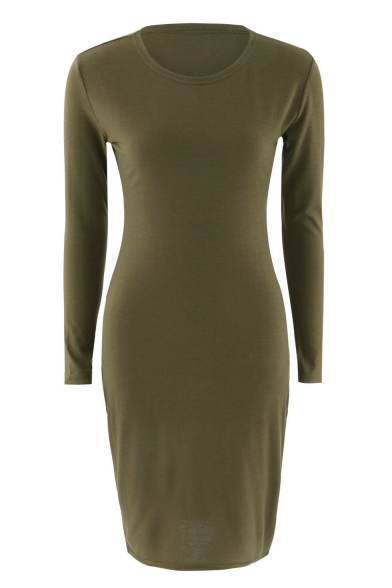 Women's Long Sleeve Round Neck Solid Color Pencil Midi Dress