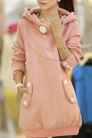 Chic Hooded Plain Long Sleeve Tunic Pullover Coat with Buttons