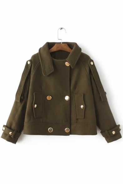 Lapel Collar Double Breasted Long Sleeve Buttons Detail Women's Woolen Coat