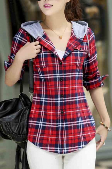 Women Classic Long Sleeves Cotton Hoodie Button-up Plaid Shirts