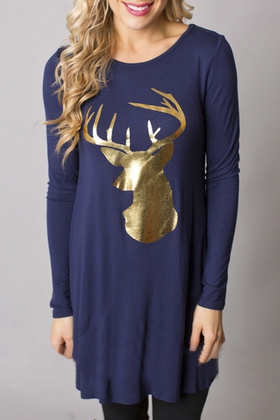 Women Gold Deer Printed Long Sleeve Mini T-Shirt Dress