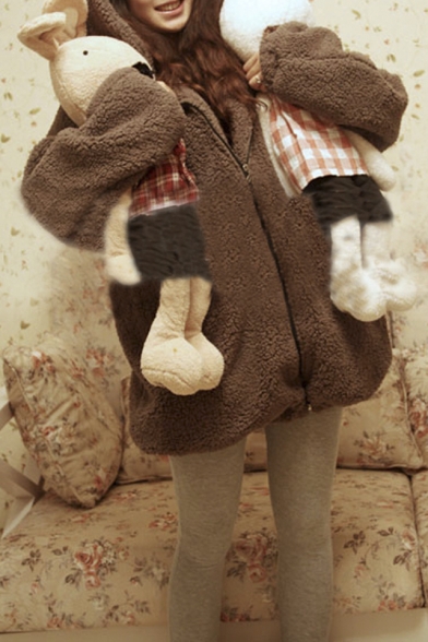 Women's Cute Bear Fur Hooded Zip Placket Winter's Warm Coat