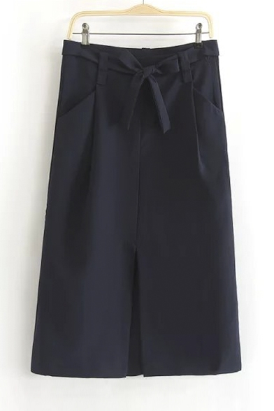 Women's Fashion Bow Waist Split Front Midi Pencil Skirt
