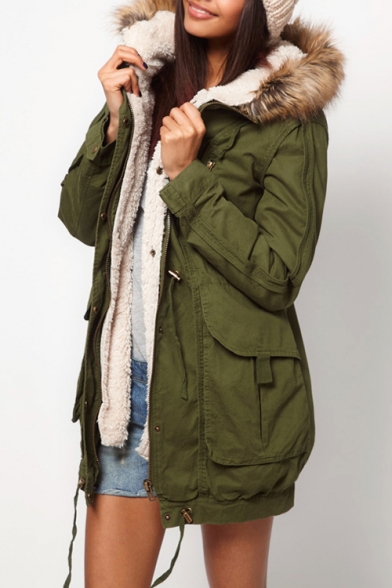 Women's Fashion Fur Hooded Zip Placket Long Sleeve Winter Warm Cotton Coat