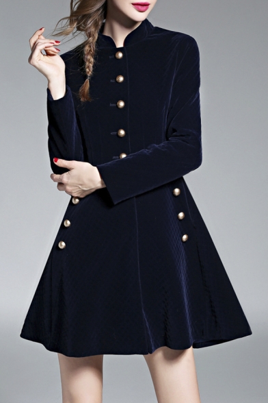 Women's Fashion Long Sleeve Buttons Front Winter's Warm A-Line Midi Dress