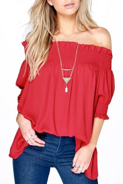 Women's Fashion Off Shoulder Tops Haft Sleeve Blouses Causal T-shirts