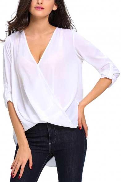 Womens V Neck Blouses Solid Loose Casual Cuffed Sleeve Shirt Top