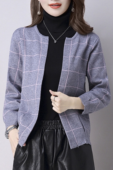Chic Casual Round Neck Open-Front Contrast Plaid Coat with Two Pockets