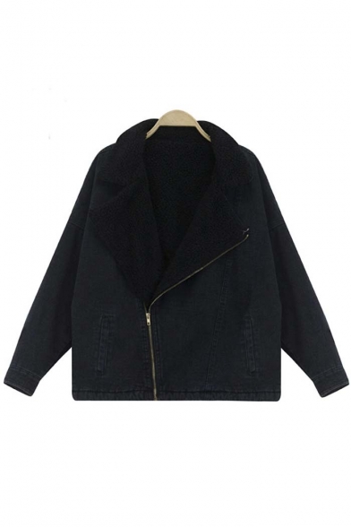 Loose Wash Woolen Notched Lapel Zipper Placket Black Denim Coat